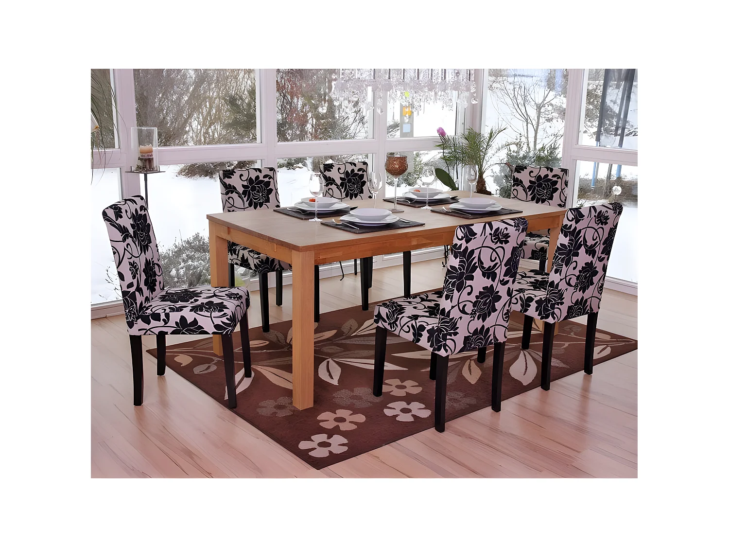 Lot de 6 chaises de salle à manger en tissu imprimé blanc&noir pieds foncés CDS04222