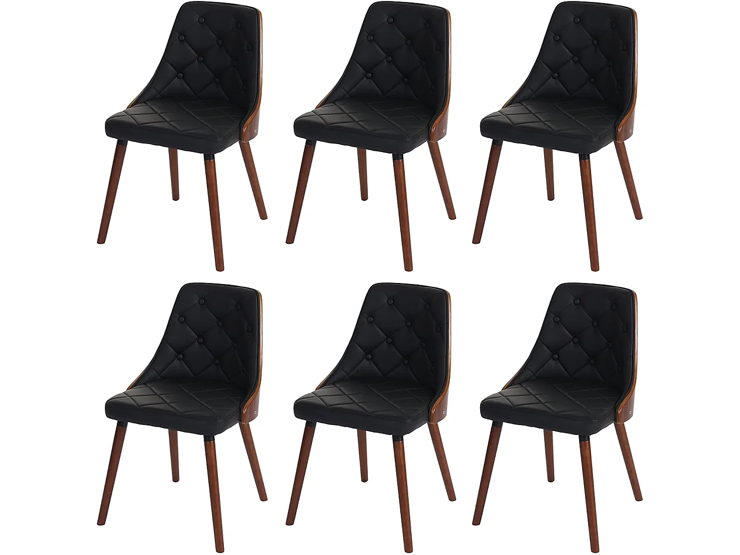 Lot de 6 chaises de salle à manger capitonné design chic en bois noyer et assise en synthétique noir CDS04668