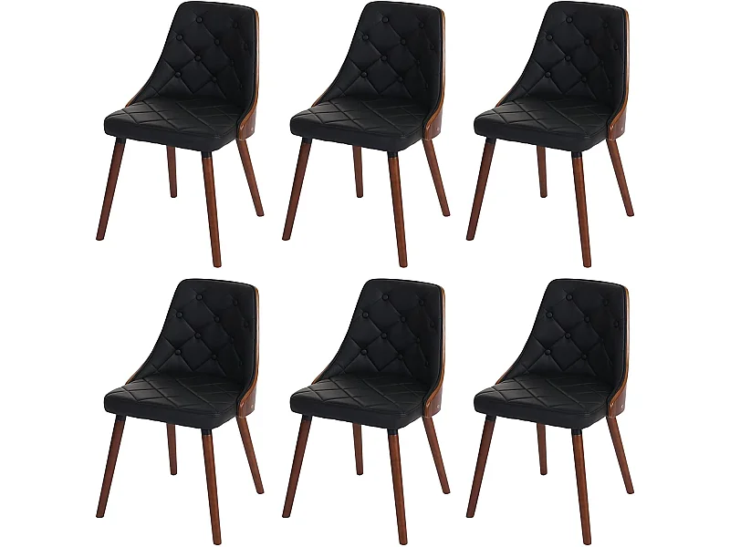 Lot de 6 chaises de salle à manger capitonné design chic en bois noyer et assise en synthétique noir CDS04668