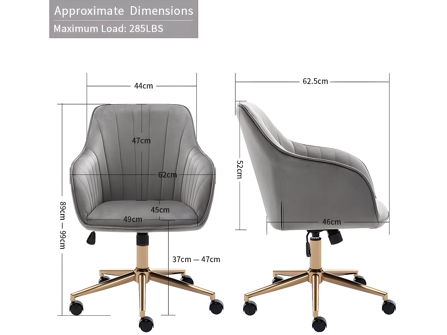 Fauteuil chaise de bureau pivotante design en velours gris structure métallique BUR09085