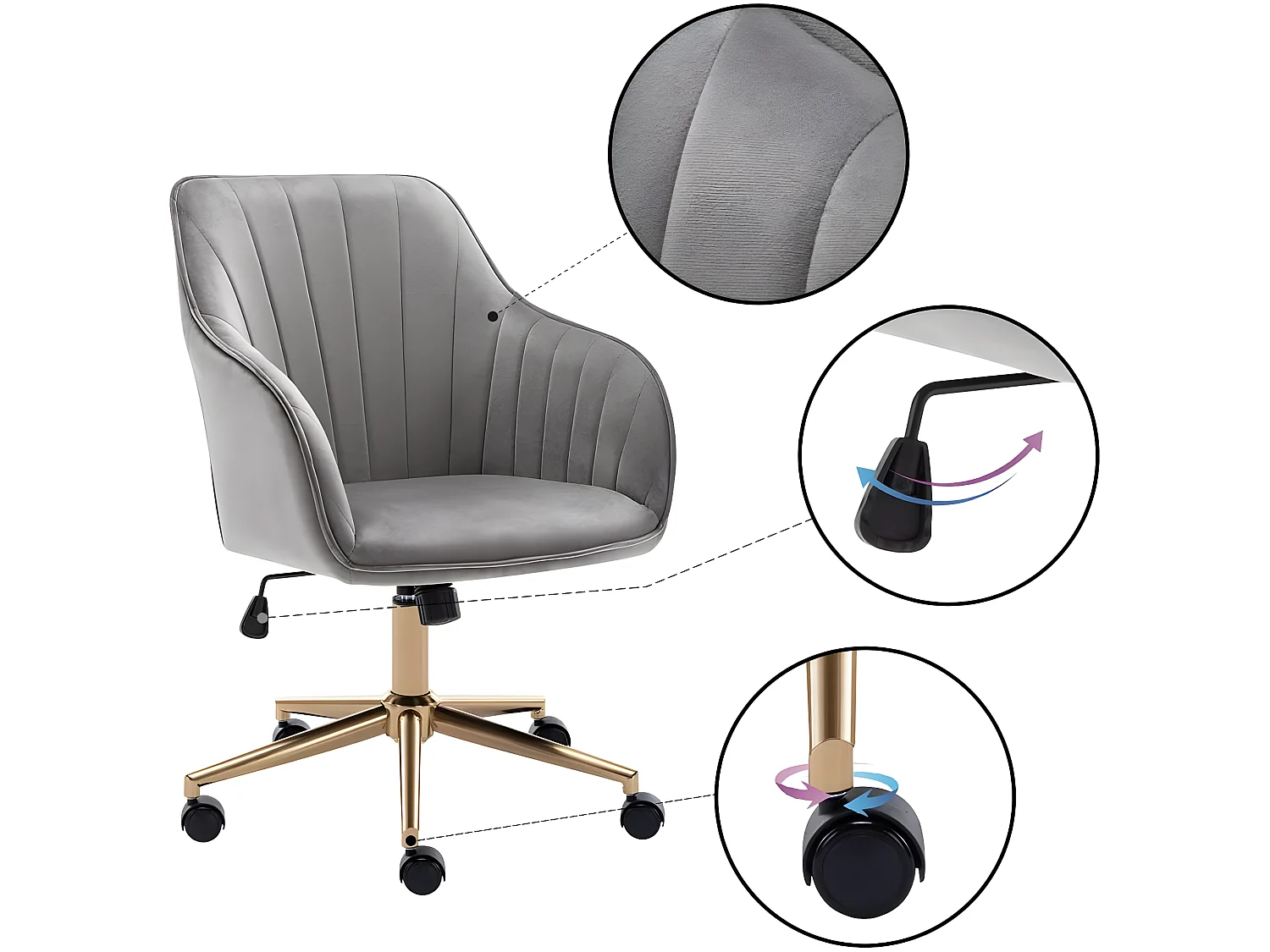 Fauteuil chaise de bureau pivotante design en velours gris structure métallique BUR09085