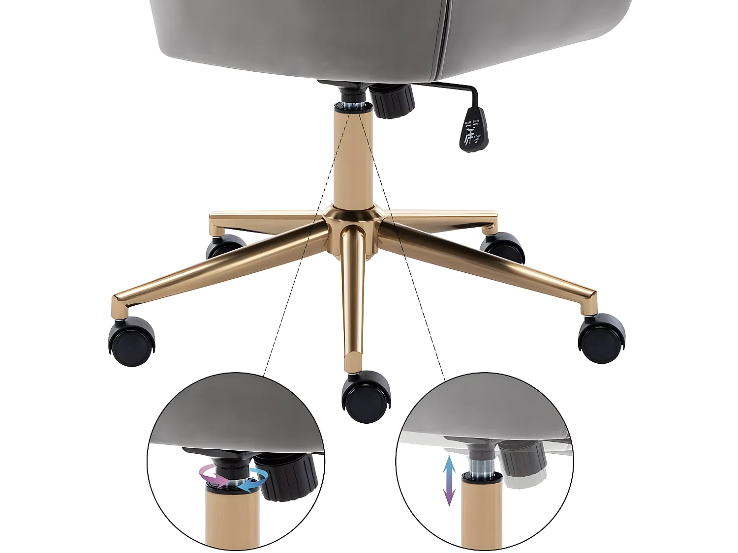 Fauteuil chaise de bureau pivotante design en velours gris structure métallique BUR09085