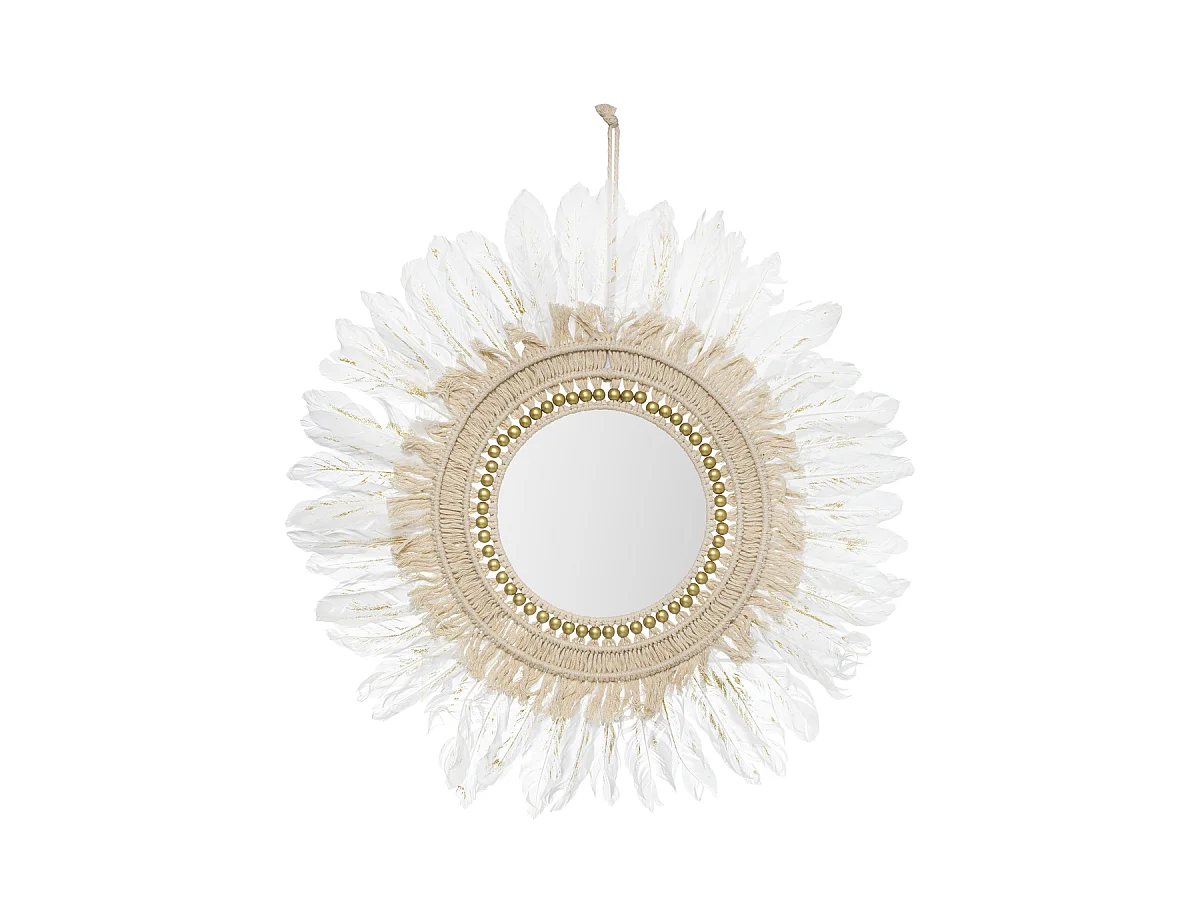 Miroir Mural Déco "Plumes" 50cm Blanc & Or