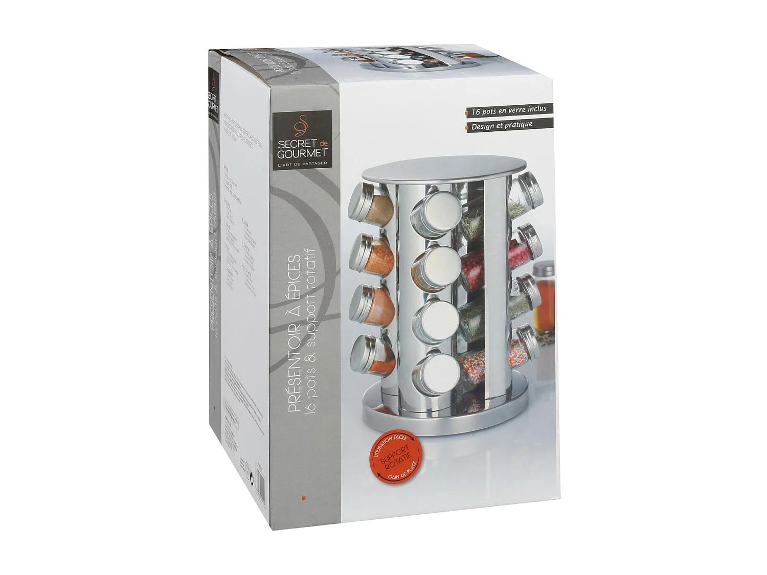 Présentoir à Épices 16 Pots "Inox" 27cm Argent