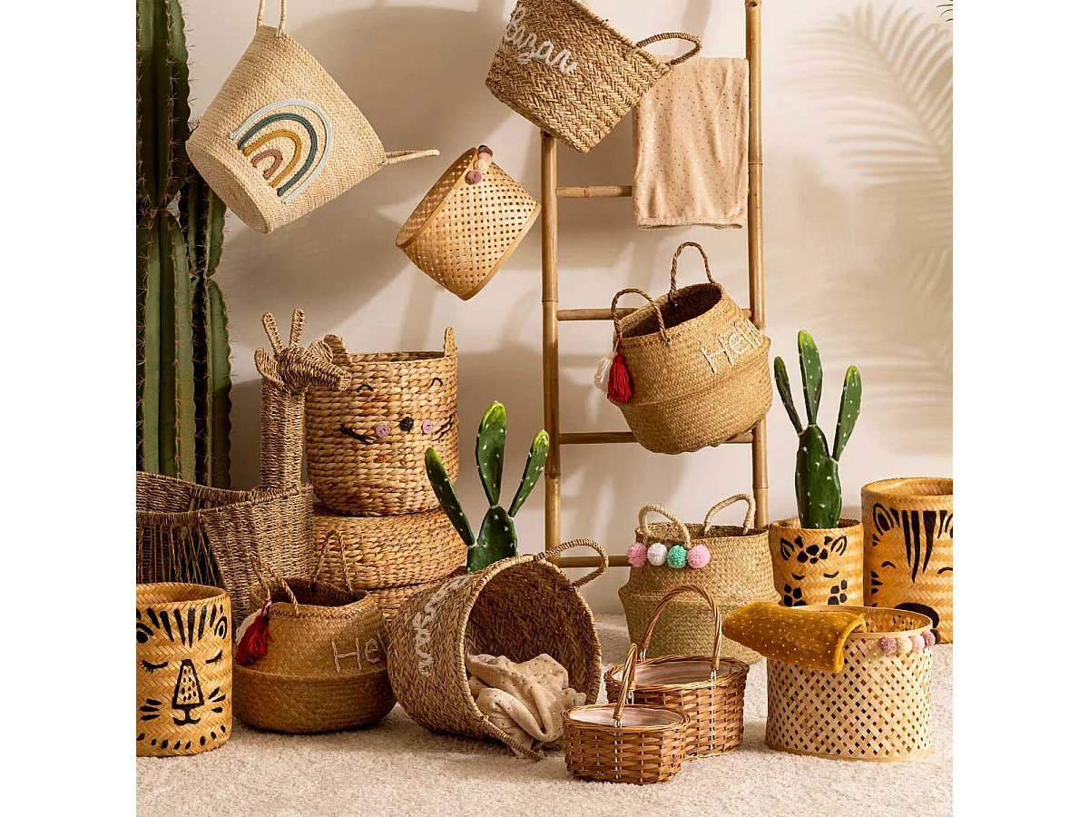 Panier en Osier Brodé "Bazar" 38cm Blanc