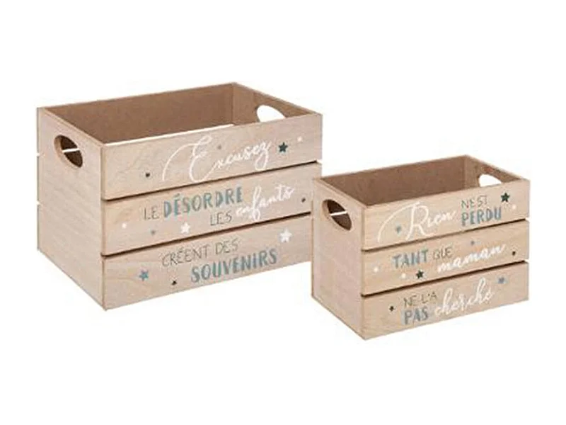 Lot de 2 Cagettes en Bois "Enfant" 30cm Bleu