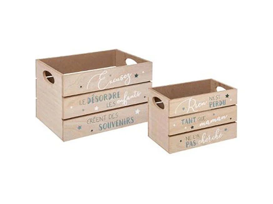 Lot de 2 Cagettes en Bois "Enfant" 30cm Bleu