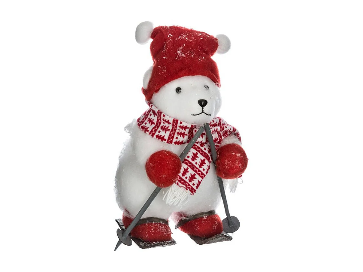 Ours avec Bonnet & Skis "Étoile" 40cm Blanc & Rouge