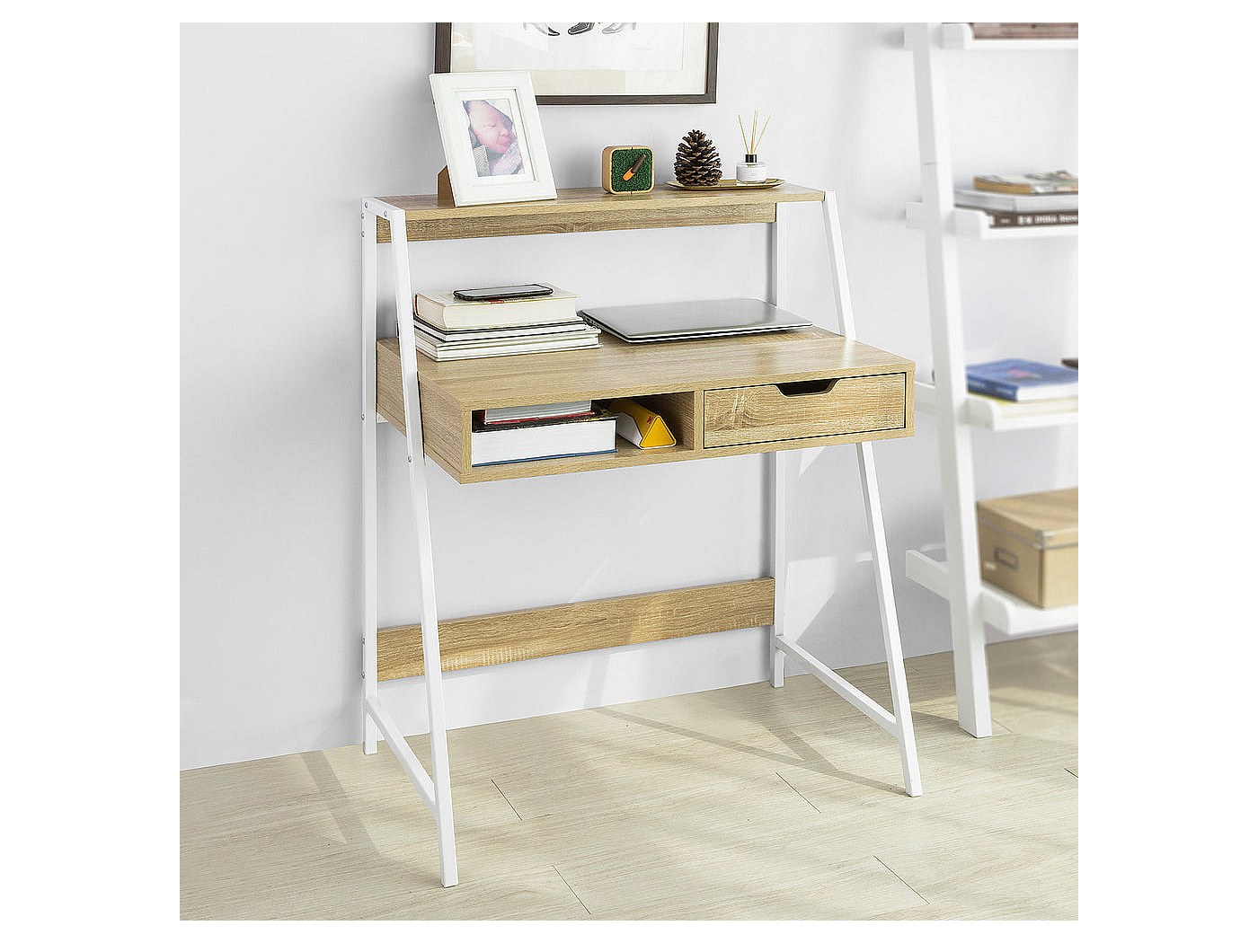 SoBuy Scrivania Piccola Con Libreria, Cassetto E Cubo Misura Del Piano Del Tavolo L76 P50 A75 Cm Fwt63 N