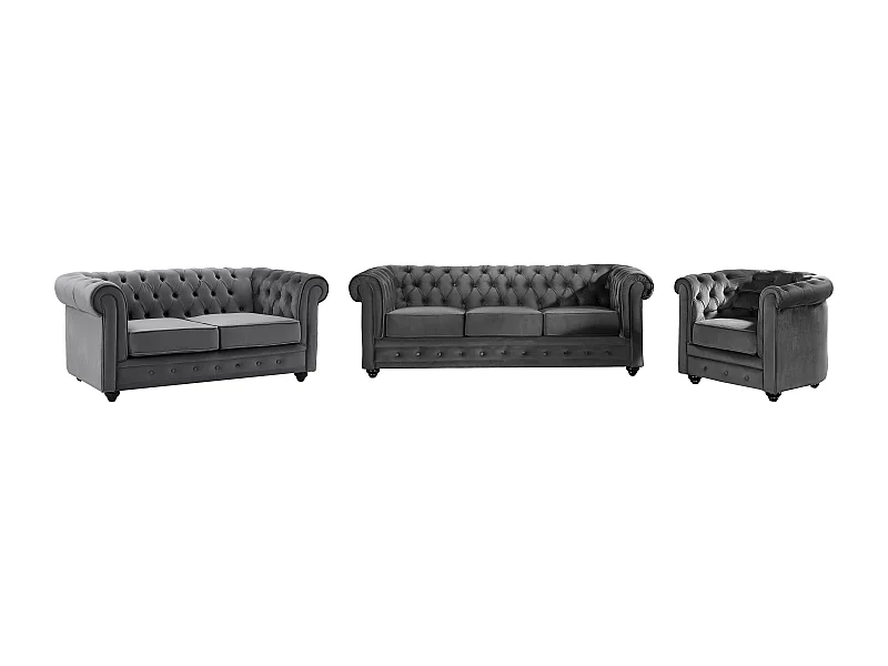 Canapés 3 places et 2 places et fauteuil en velours anthracite CHESTERFIELD