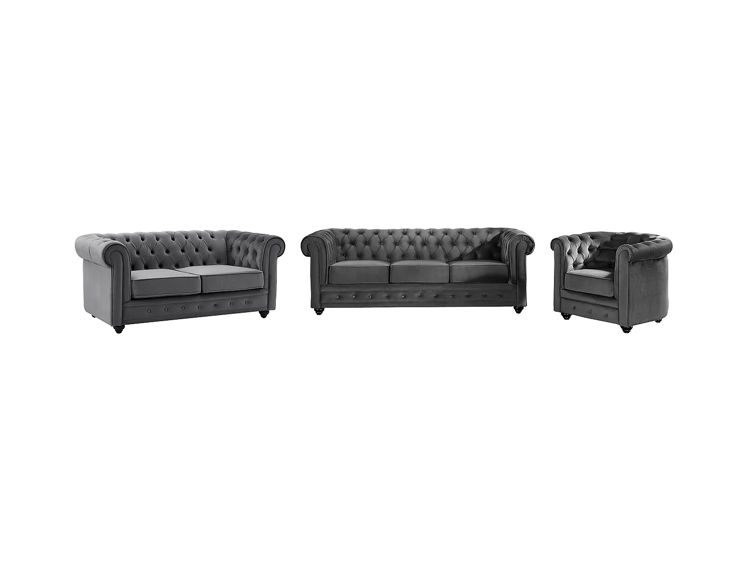 Canapés 3 places et 2 places et fauteuil en velours anthracite CHESTERFIELD