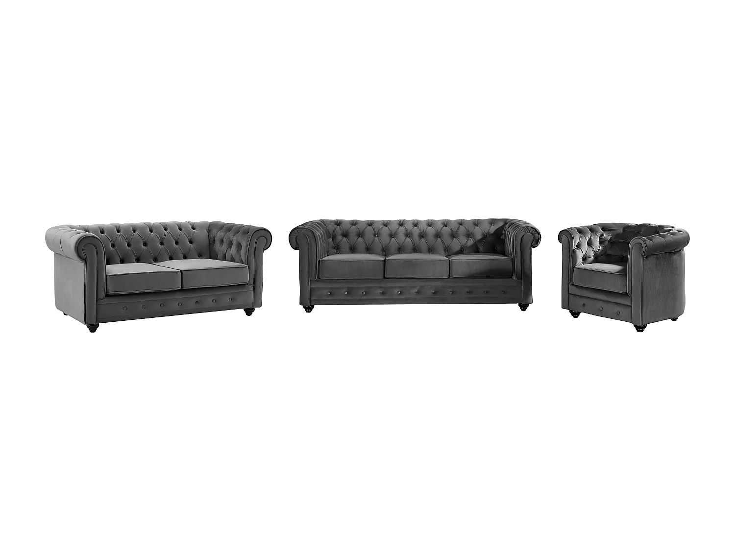 Canapés 3 places et 2 places et fauteuil en velours anthracite CHESTERFIELD