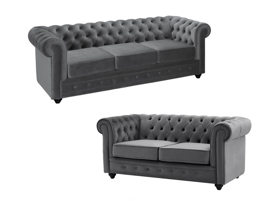 Sofa 3-Sitzer & 2-Sitzer - Samt - Anthrazit - CHESTERFIELD