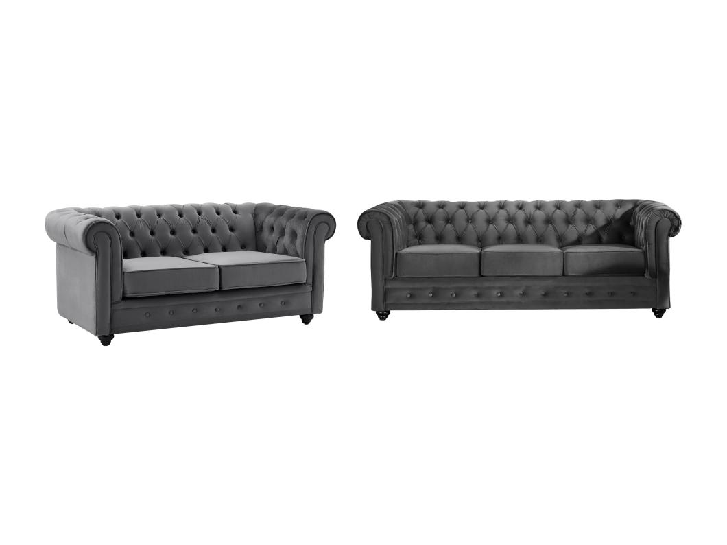 Drie- en tweezitsbank van antracietkleurig velours CHESTERFIELD