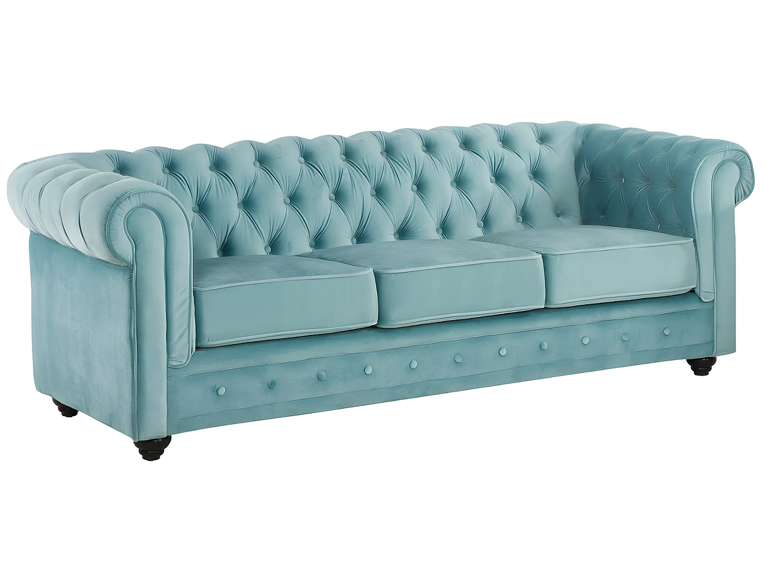 Canapés 3 places et 2 places et fauteuil en velours bleu pastel CHESTERFIELD
