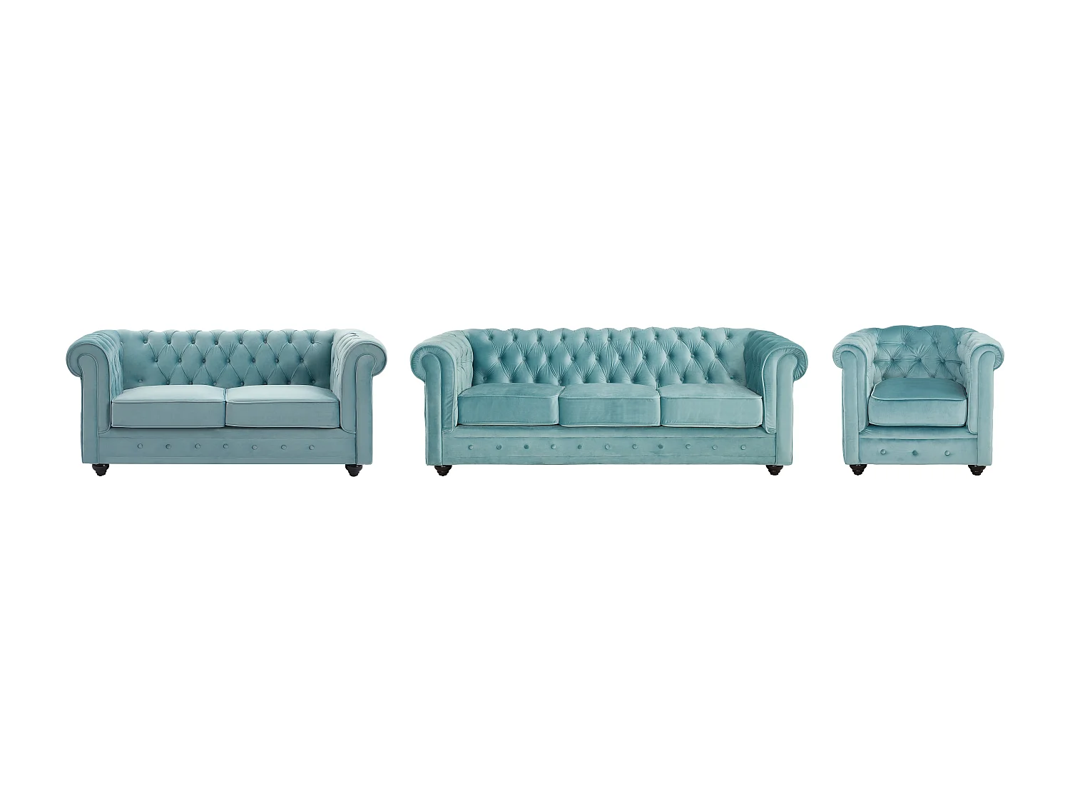 Canapés 3 places et 2 places et fauteuil en velours bleu pastel CHESTERFIELD