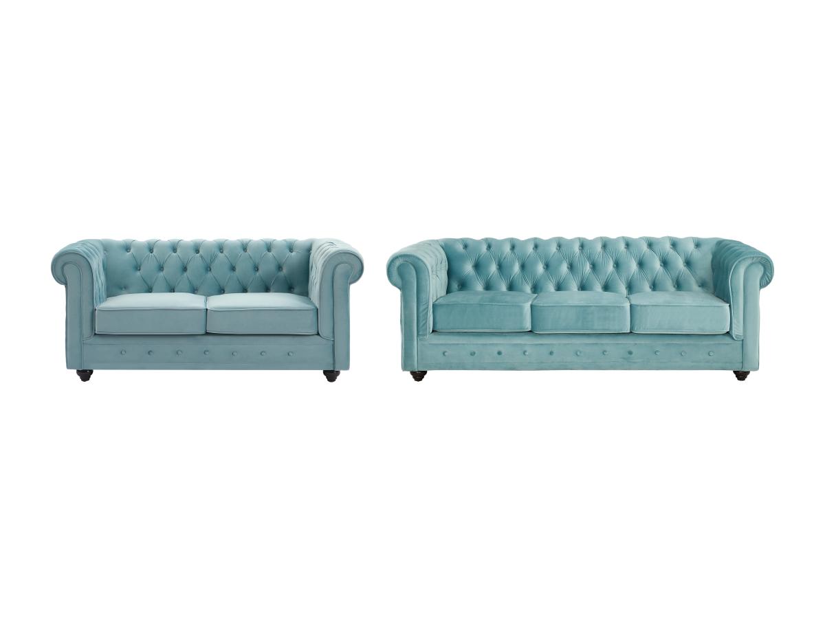 Sofa 3-Sitzer & 2-Sitzer - Samt - Pastellblau - CHESTERFIELD günstig online kaufen