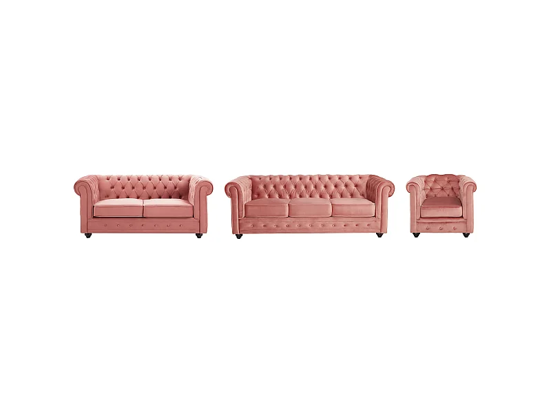 Sofa 3-Sitzer & 2-Sitzer & Sessel - Samt - Pastellrosa - CHESTERFIELD