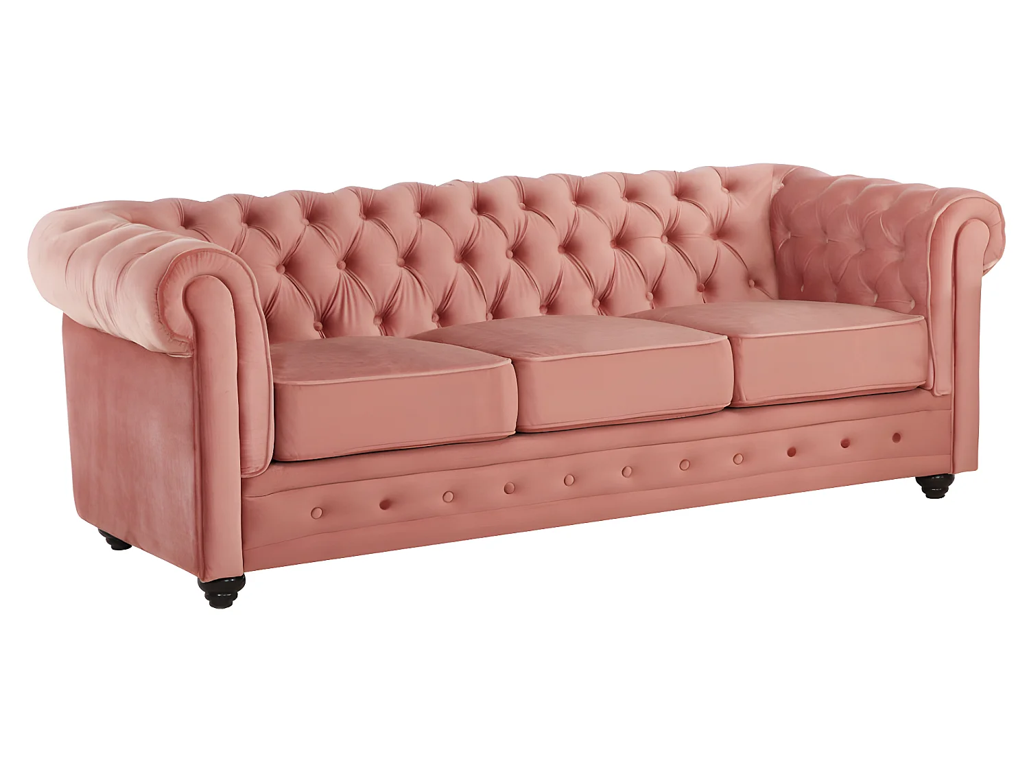 Drie- en tweezitsbank en fauteuil van pastelroze velours CHESTERFIELD