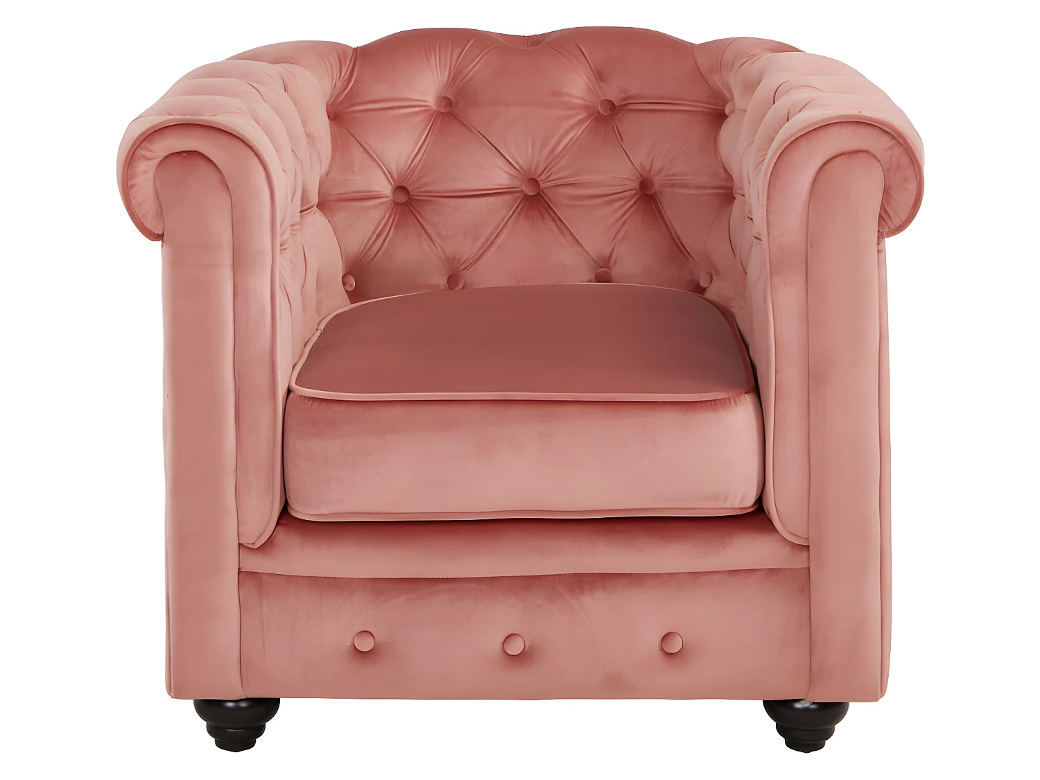 Drie- en tweezitsbank en fauteuil van pastelroze velours CHESTERFIELD