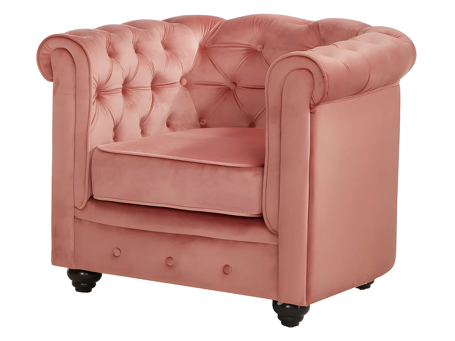 Drie- en tweezitsbank en fauteuil van pastelroze velours CHESTERFIELD
