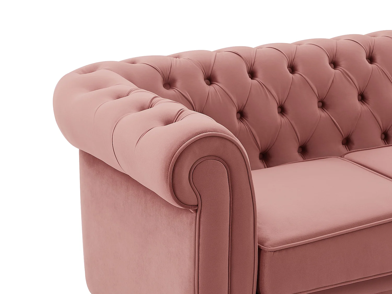 Drie- en tweezitsbank en fauteuil van pastelroze velours CHESTERFIELD