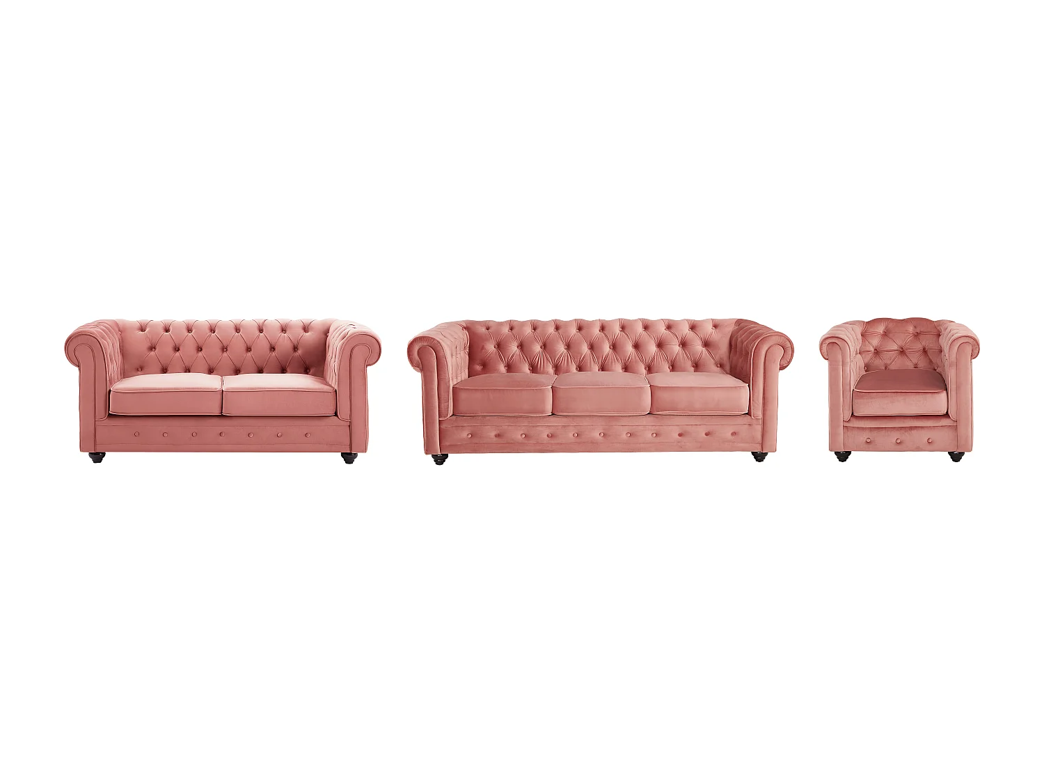 Drie- en tweezitsbank en fauteuil van pastelroze velours CHESTERFIELD