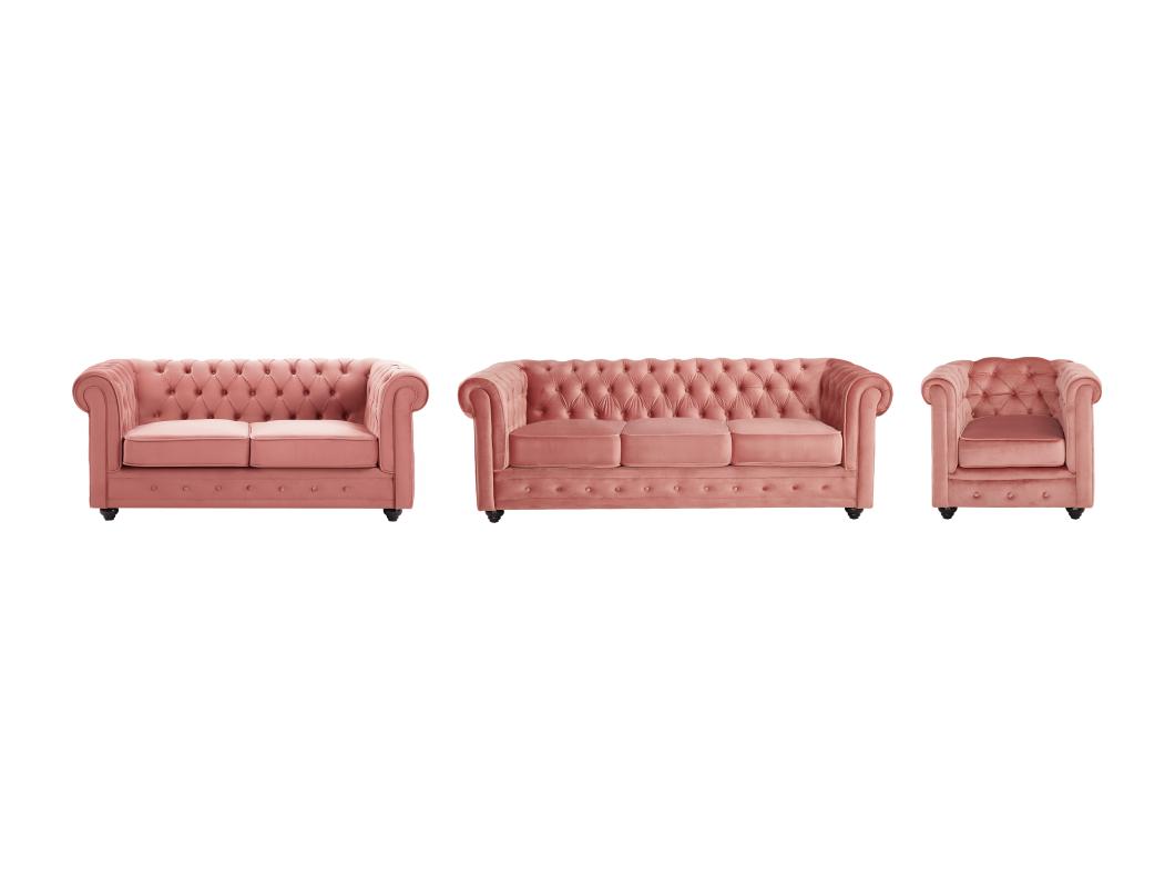 Canapés 3 places et 2 places et fauteuil en velours rose pastel CHESTERFIELD