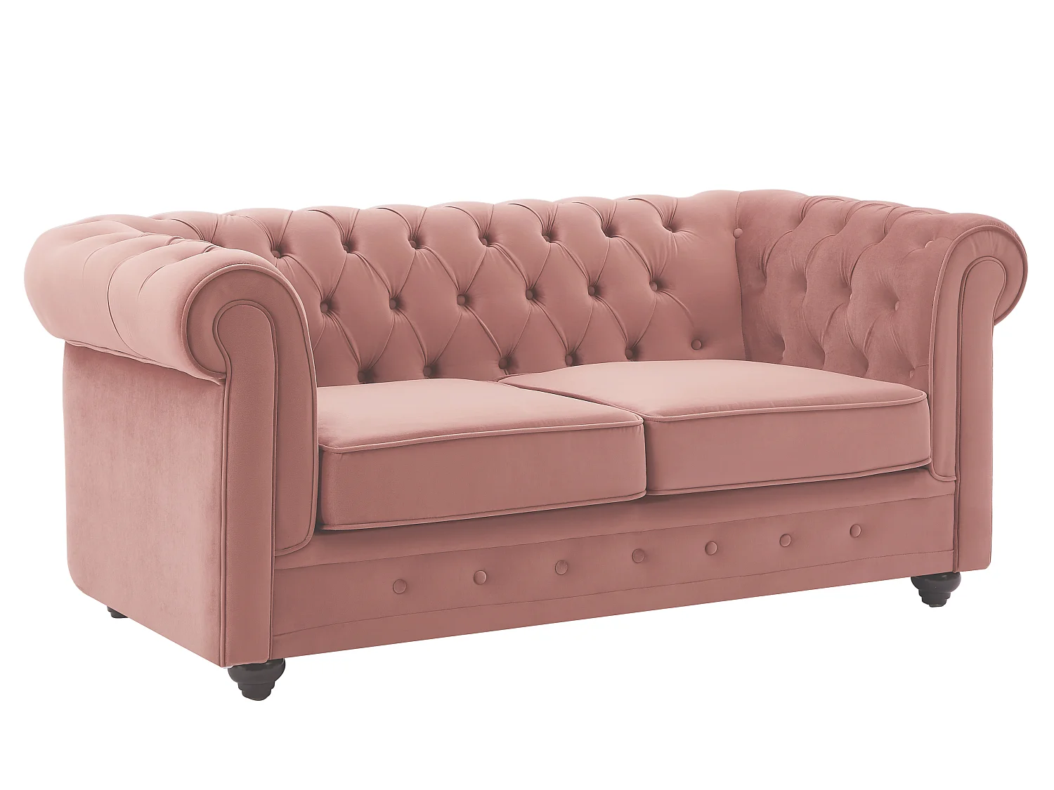3-personers og 2-pers plysplaide sofabord i pastellyserosa velvet, ryfarvebige pastelfarvey CHESTERFIELD