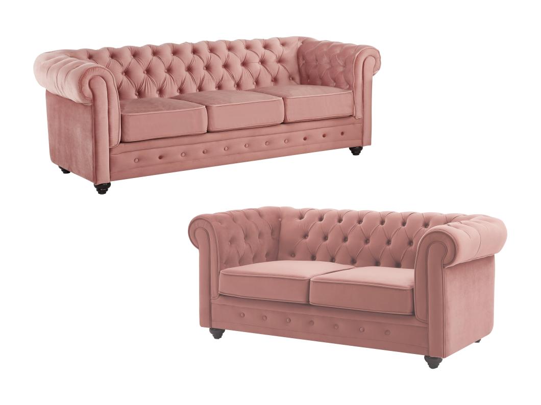 Sofa 3-Sitzer & 2-Sitzer - Samt - Pastellrosa - CHESTERFIELD