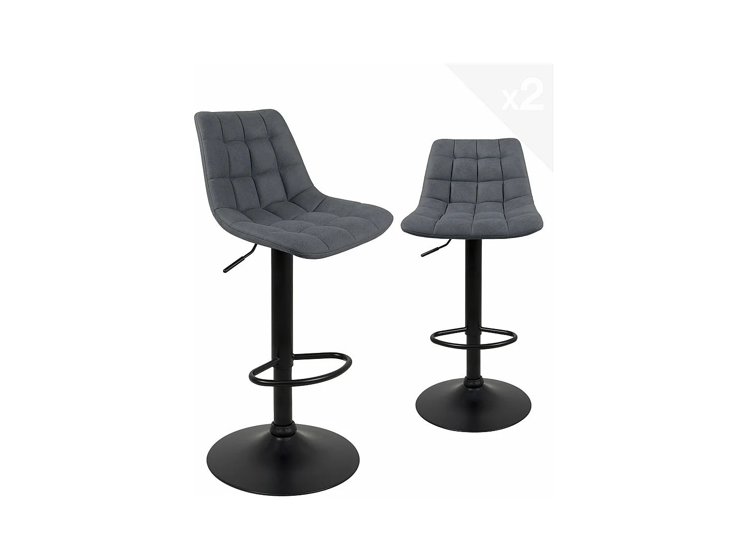 Lot 2 tabourets de bar velours matelassé avec dossier pivotant hauteur réglable SID (Noir gris)