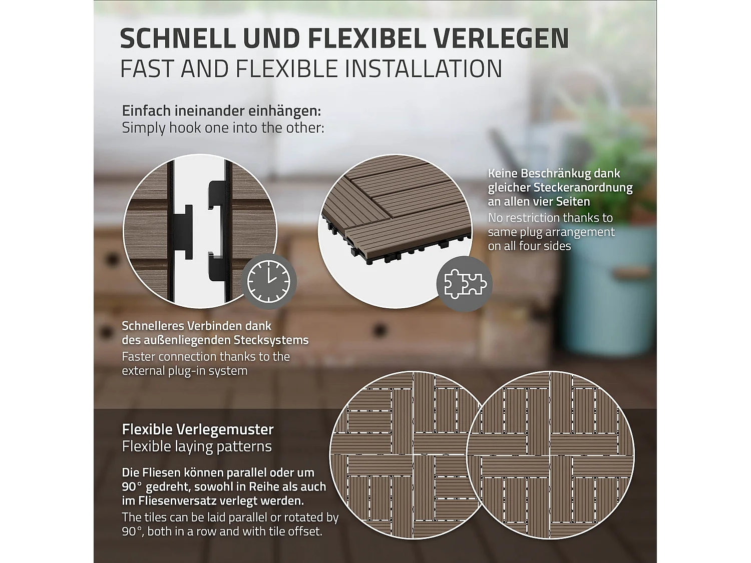 ECD Germany WPC Carreaux de Terrasse 30x30 cm - 33 Pièces par 3m² - avec Aspect Mosaïque - Marron