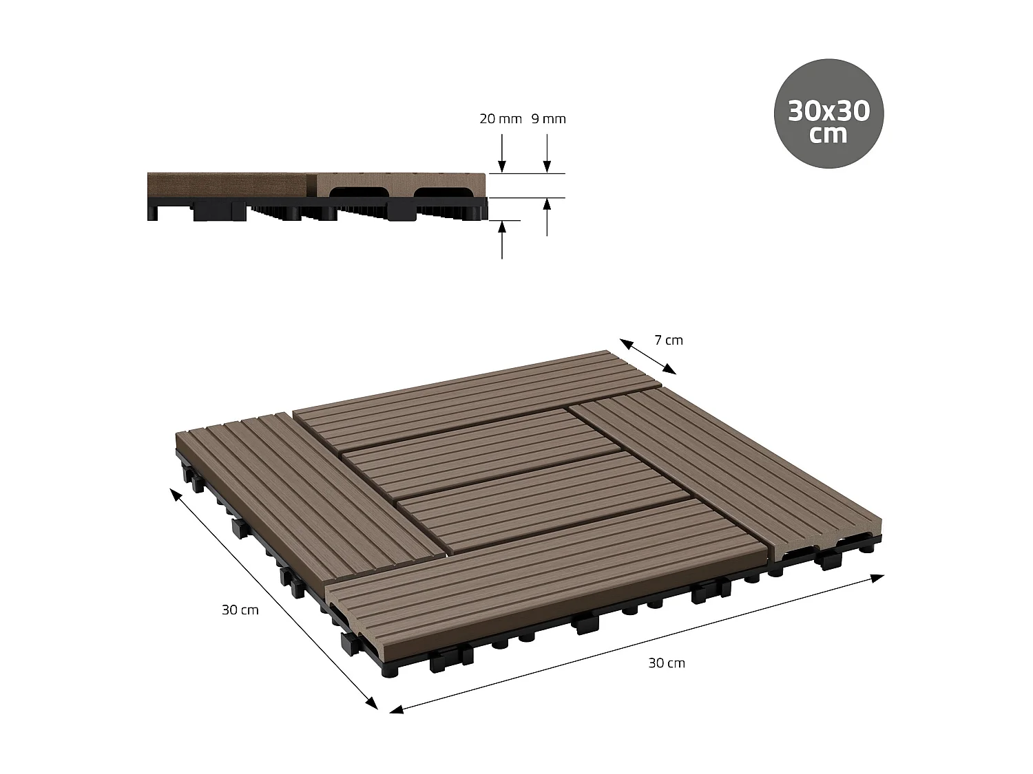 ECD Germany WPC Carreaux de Terrasse 30x30 cm - 33 Pièces par 3m² - avec Aspect Mosaïque - Marron
