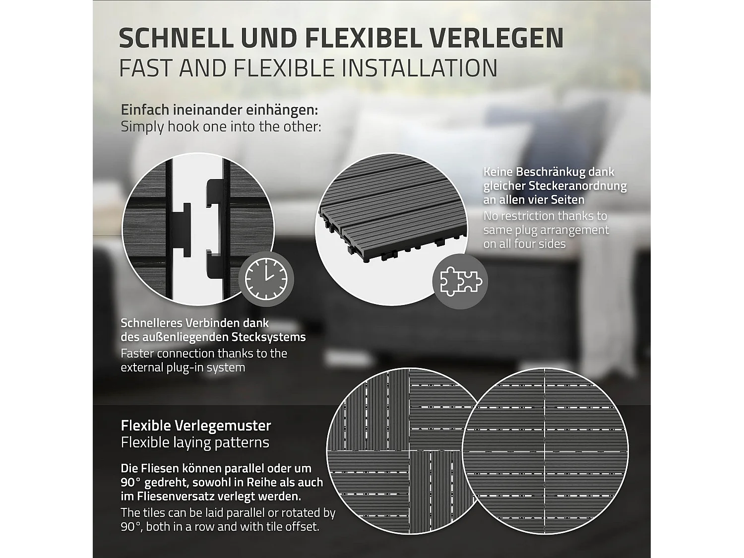 ECD Germany Lot de 55 Dalles de Terrase en WPC 30x30cm pour 5m² Anthracite Montage au Système de