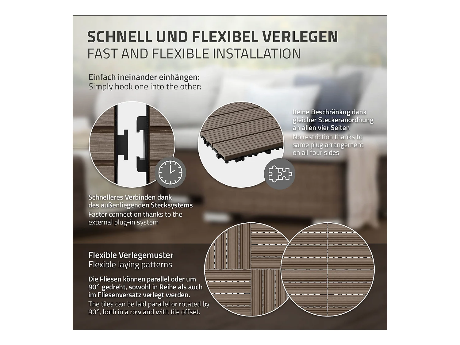 Baldosas de terraza 33xWPC, baldosas de balcón,  30x30cm, marrón oscuro, 3m²