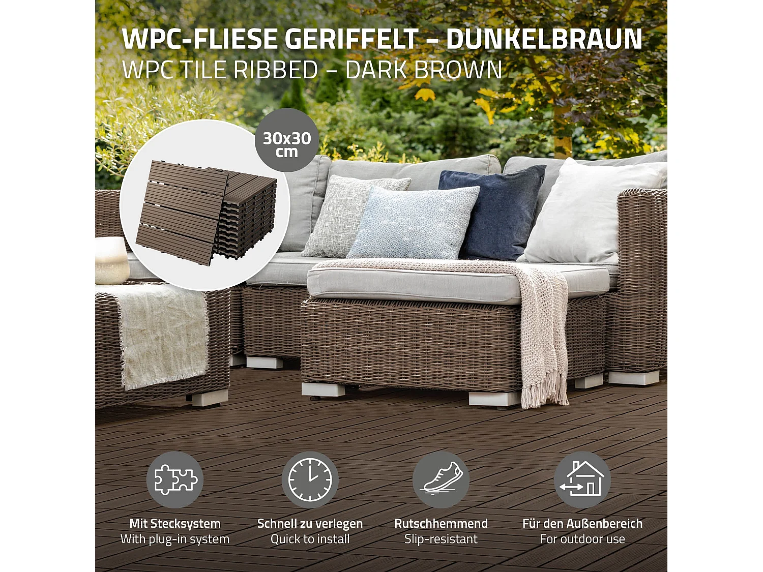 ECD Germany WPC Carreaux 30x30 cm - 33 Pièces par 3m² - avec Aspect Bois - Marron Foncé - Dalles