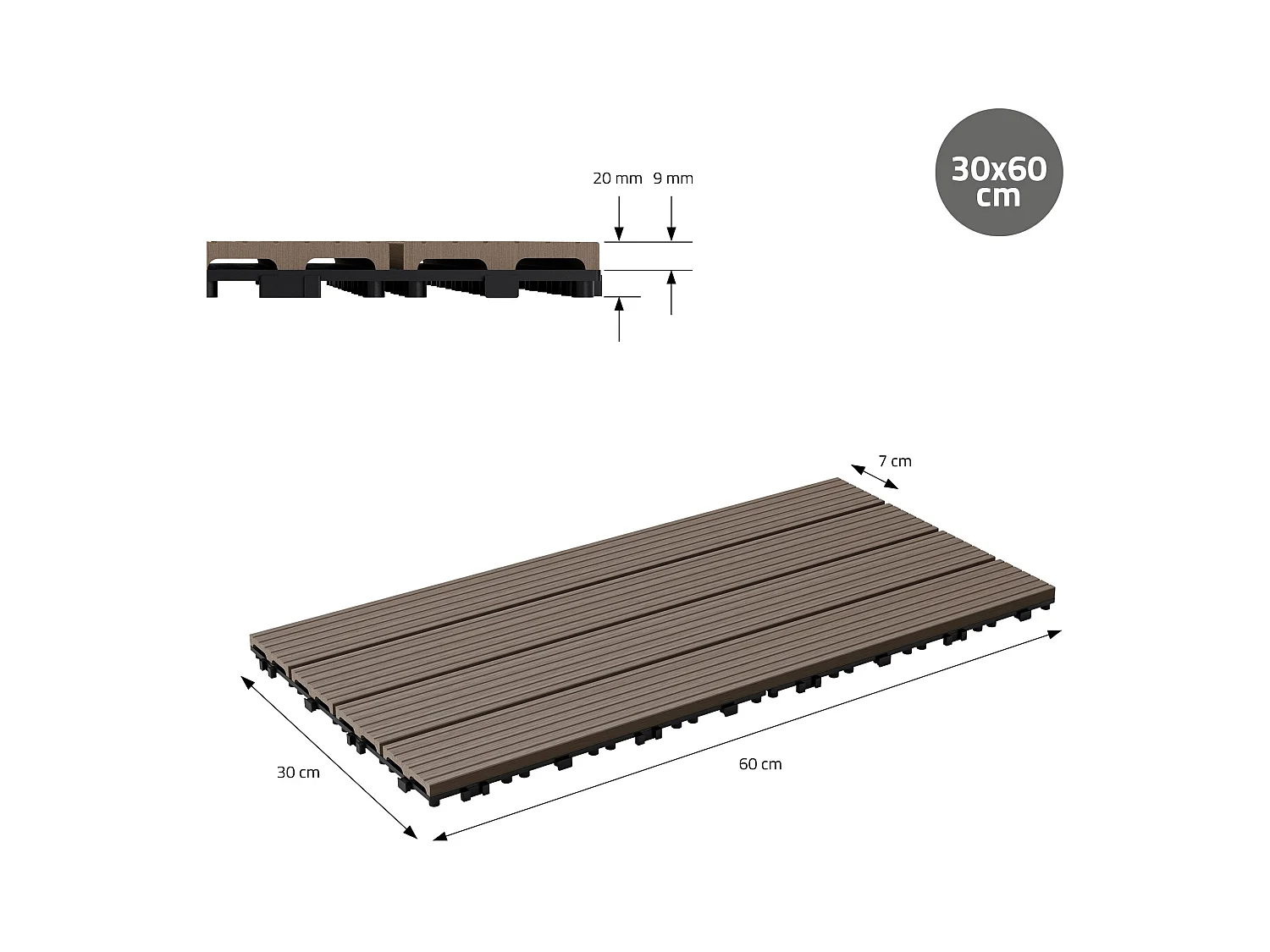 Lot de 5 panneaux de sol en WPC 60x30 brun foncé