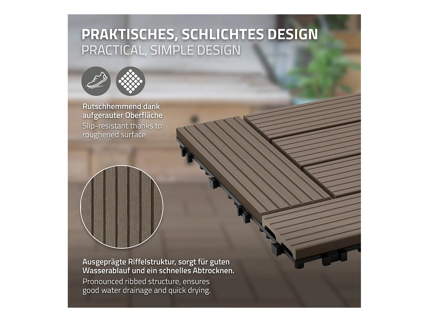 Juego de 22 baldosas de terraza de WPC, mosaico de baldosas de clic, 30x30cm, 2m²