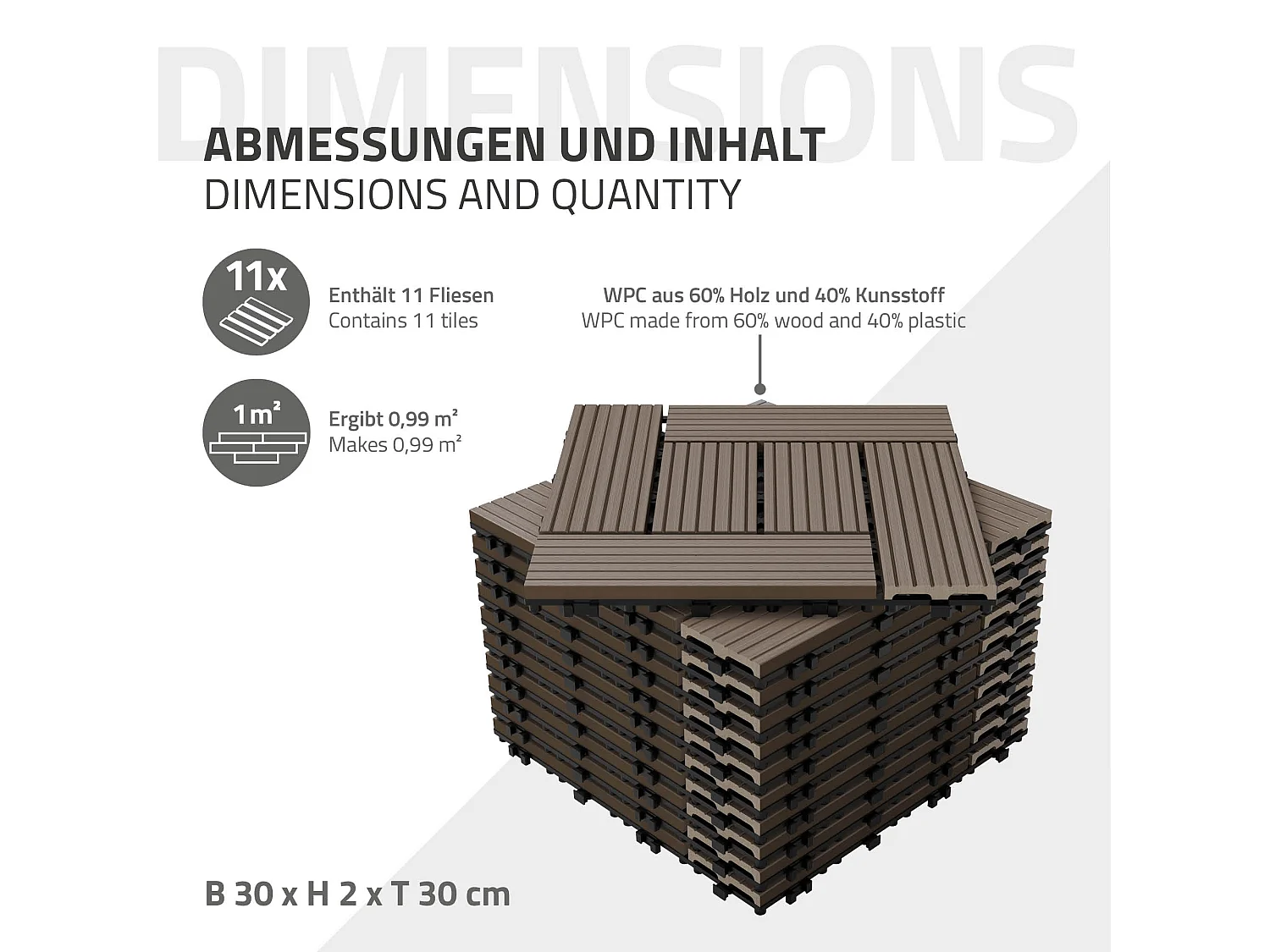 ECD Germany WPC Carreaux de Terrasse 30x30 cm - 22 Pièces par 2m² - avec Aspect Mosaïque - Marron