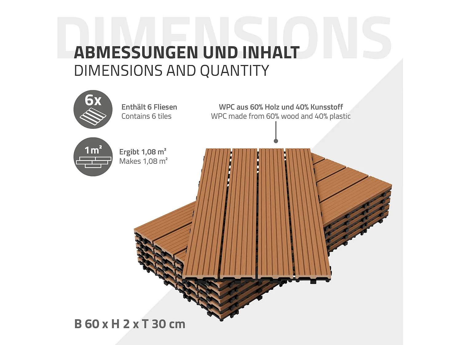 ECD Germany WPC Carreaux 60x30 cm - 18 Pièces par 3m² - avec Aspect de Bois - Marron Clair - Dalles
