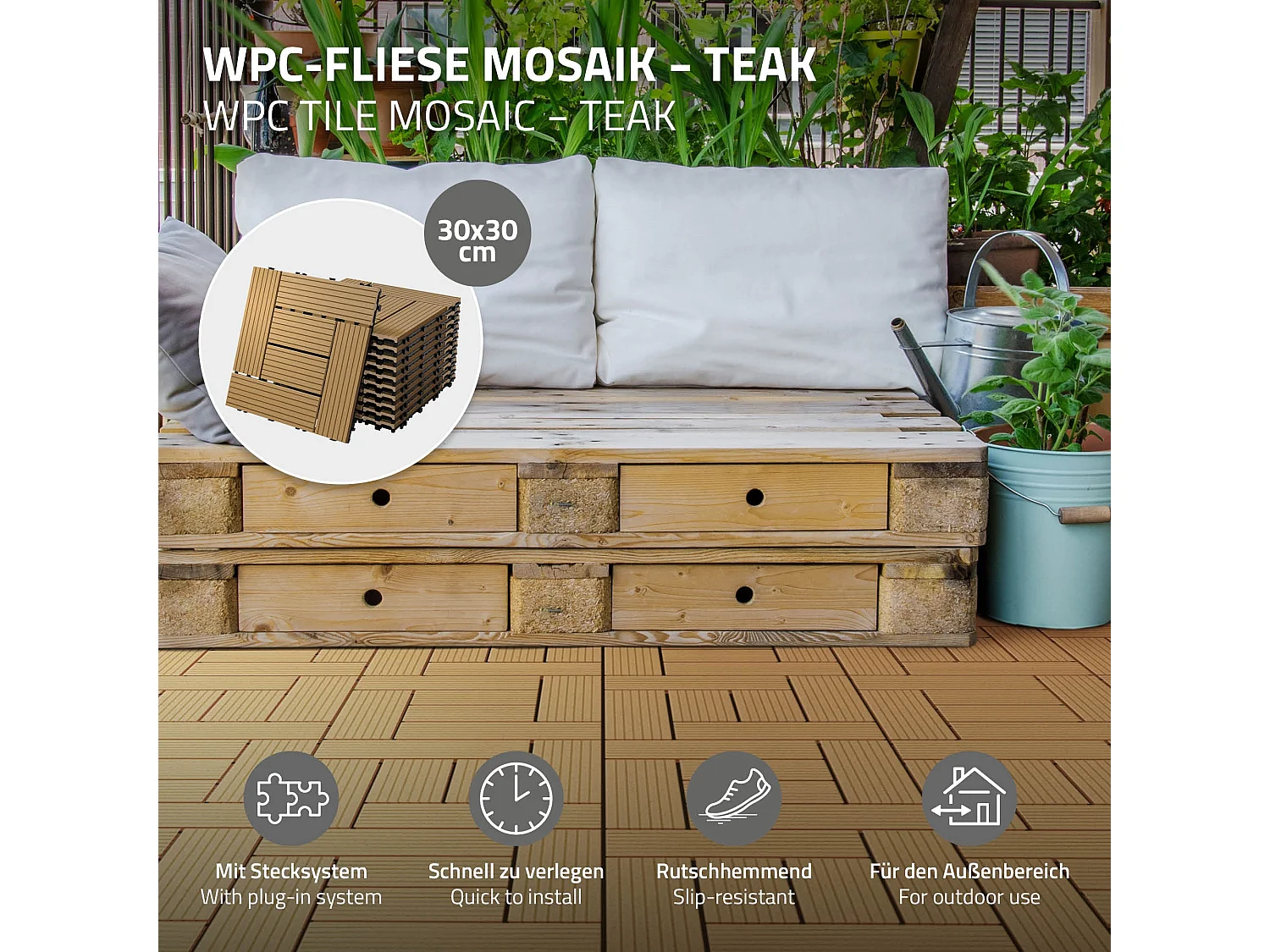 ECD Germany WPC Carreaux de Terrasse 30x30 cm - 22 Pièces par 2m² - avec Aspect Mosaïque - Teck -