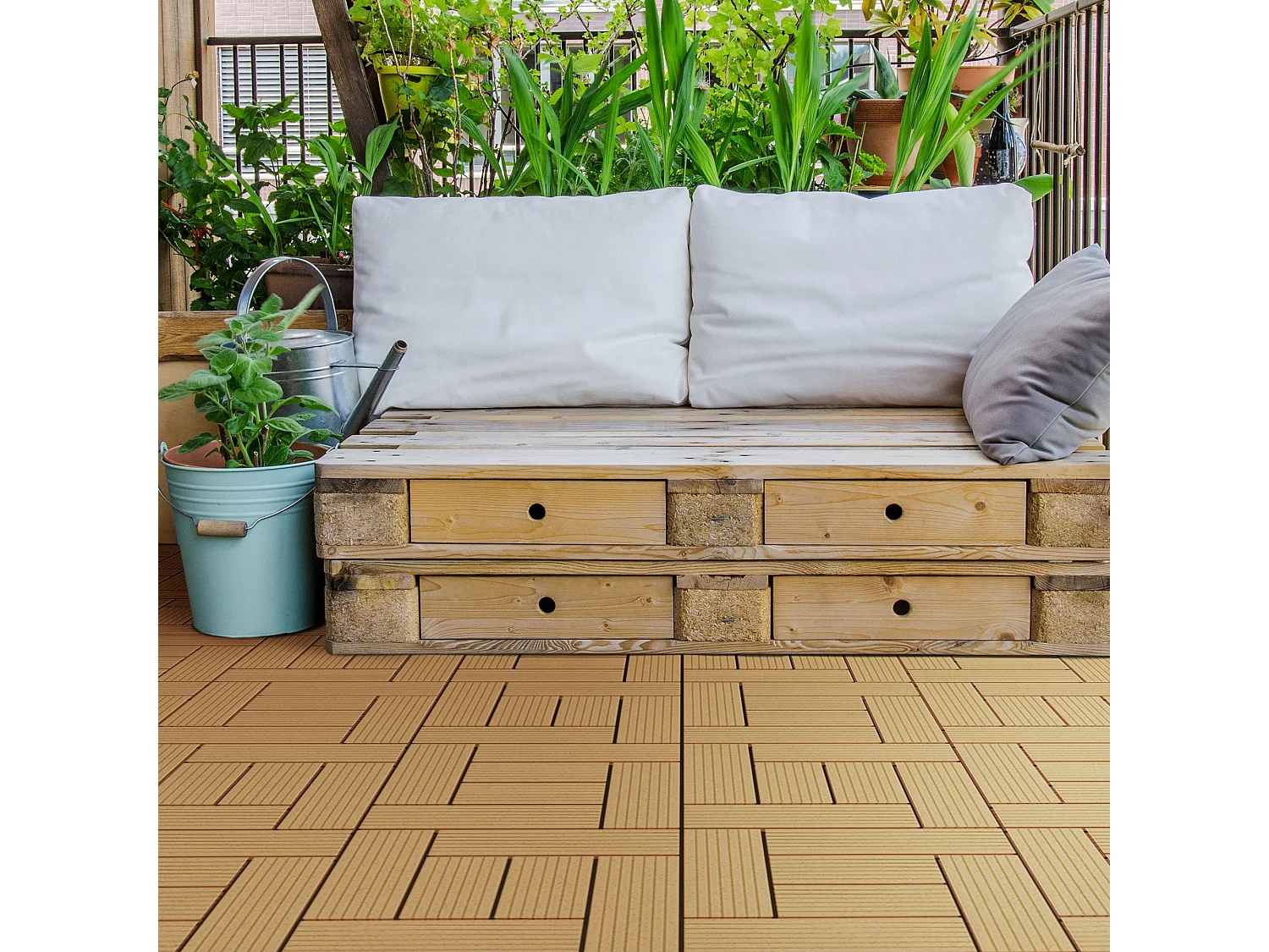 ECD Germany WPC Carreaux de Terrasse 30x30 cm - 22 Pièces par 2m² - avec Aspect Mosaïque - Teck -