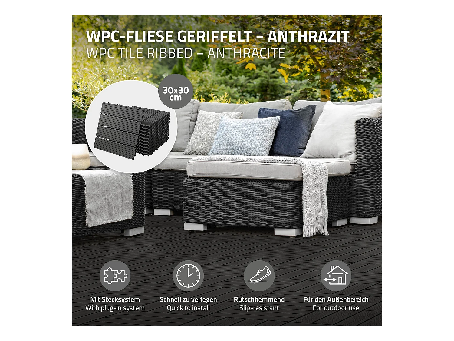 33x WPC Baldosas Balcón Baldosas Click 30x30cm Antracita 3 m²