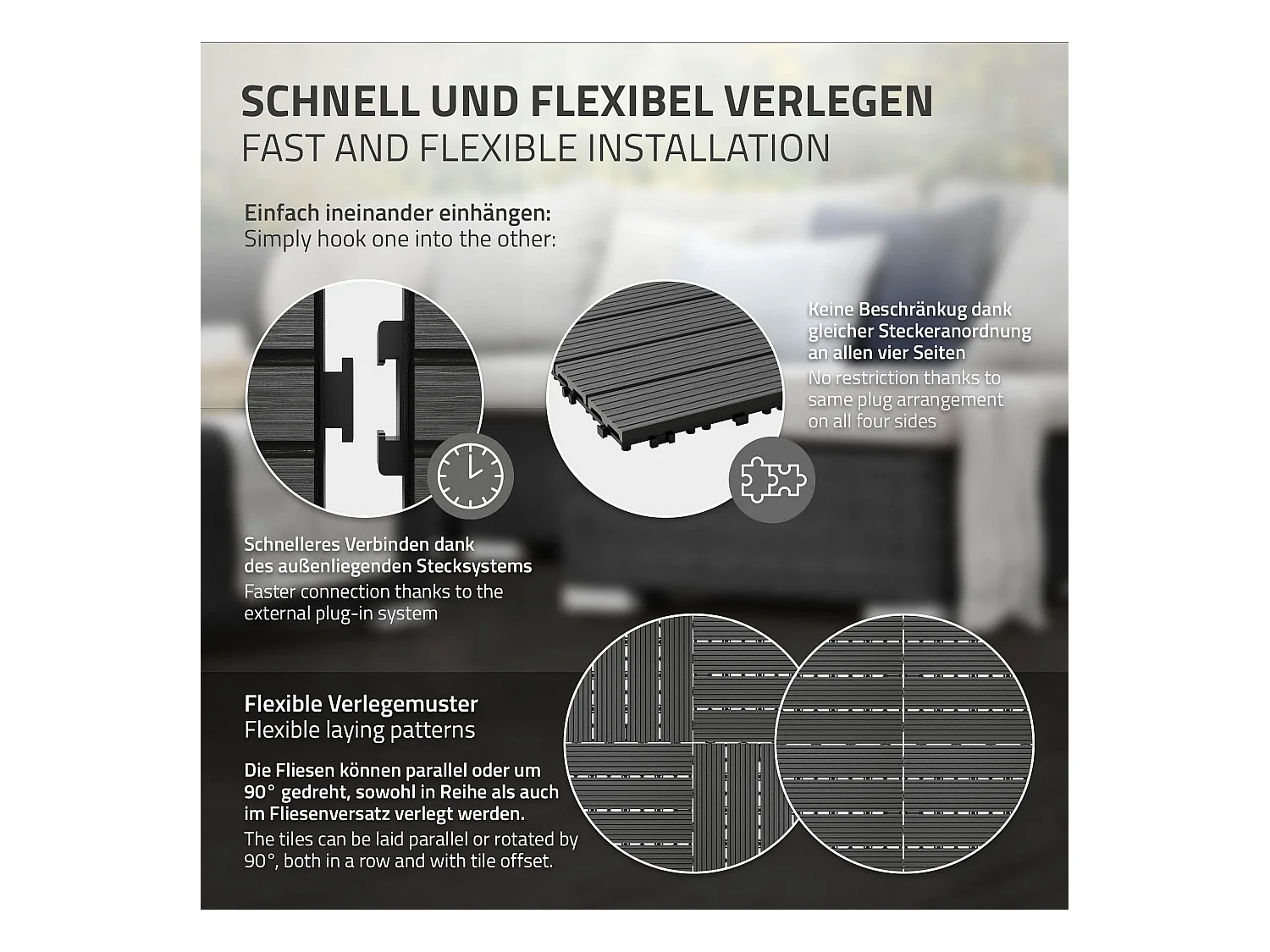33x WPC Baldosas Balcón Baldosas Click 30x30cm Antracita 3 m²