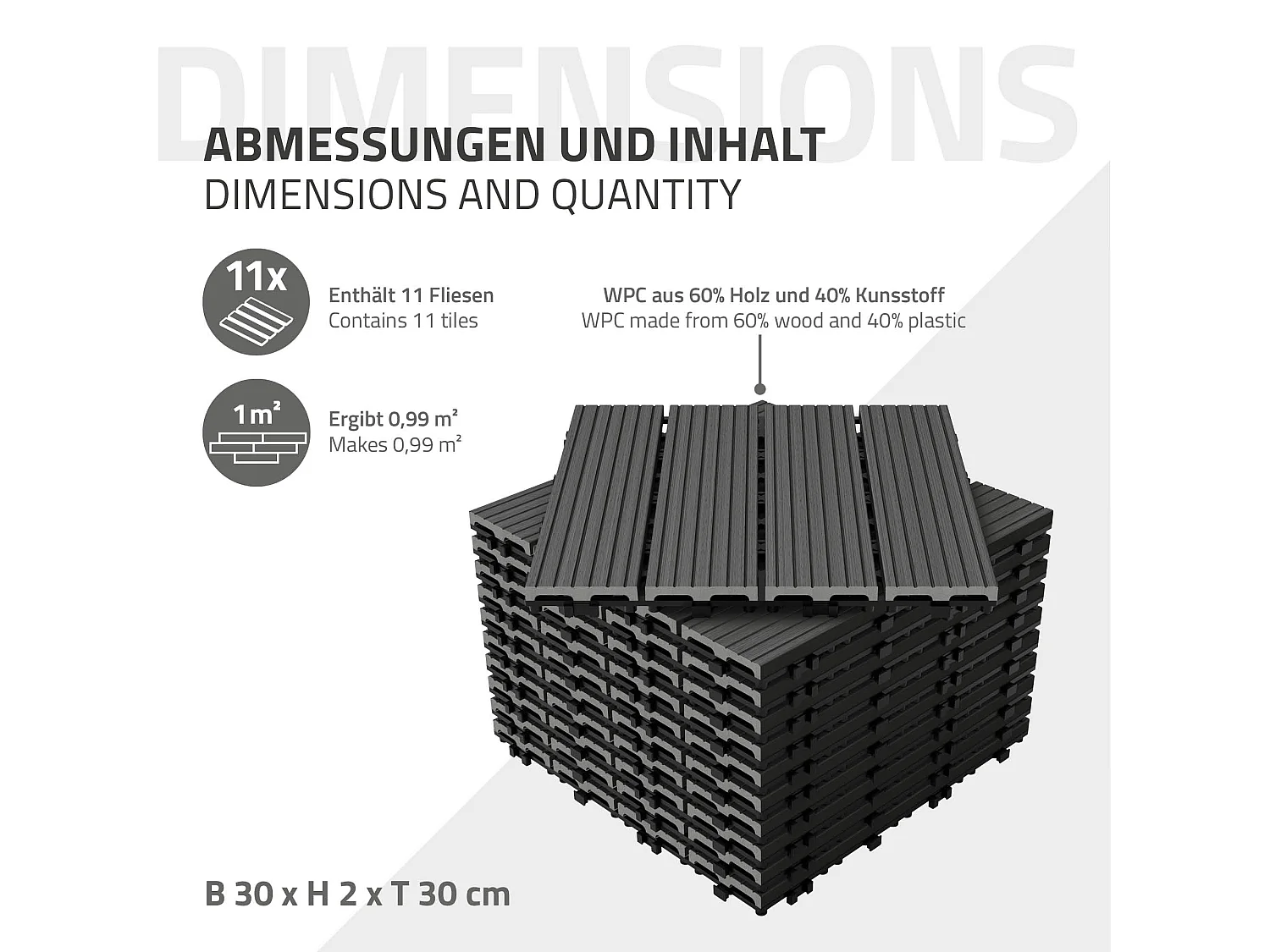 ECD Germany Lot de 33 Dalles de Terrase en WPC 30x30cm pour 3m² Anthracite Montage au Système de