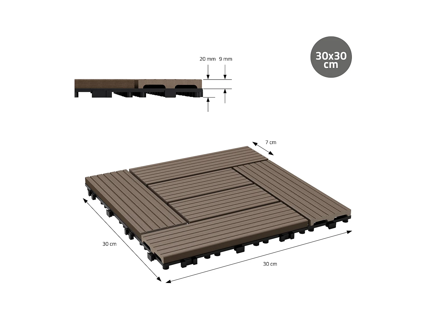 ECD Germany WPC Carreaux de Terrasse 30x30 cm - 44 Pièces par 4m² - avec Aspect Mosaïque - Marron