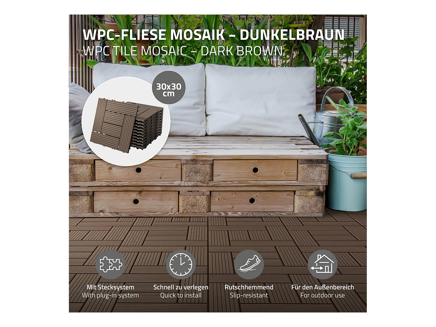 Juego de 44 baldosas de terraza de WPC de madera 30x30cm 4m²