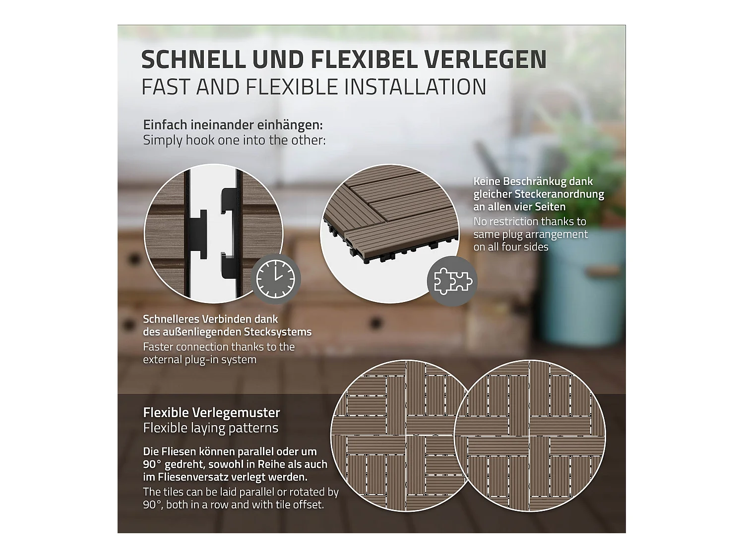 Juego de 44 baldosas de terraza de WPC de madera 30x30cm 4m²