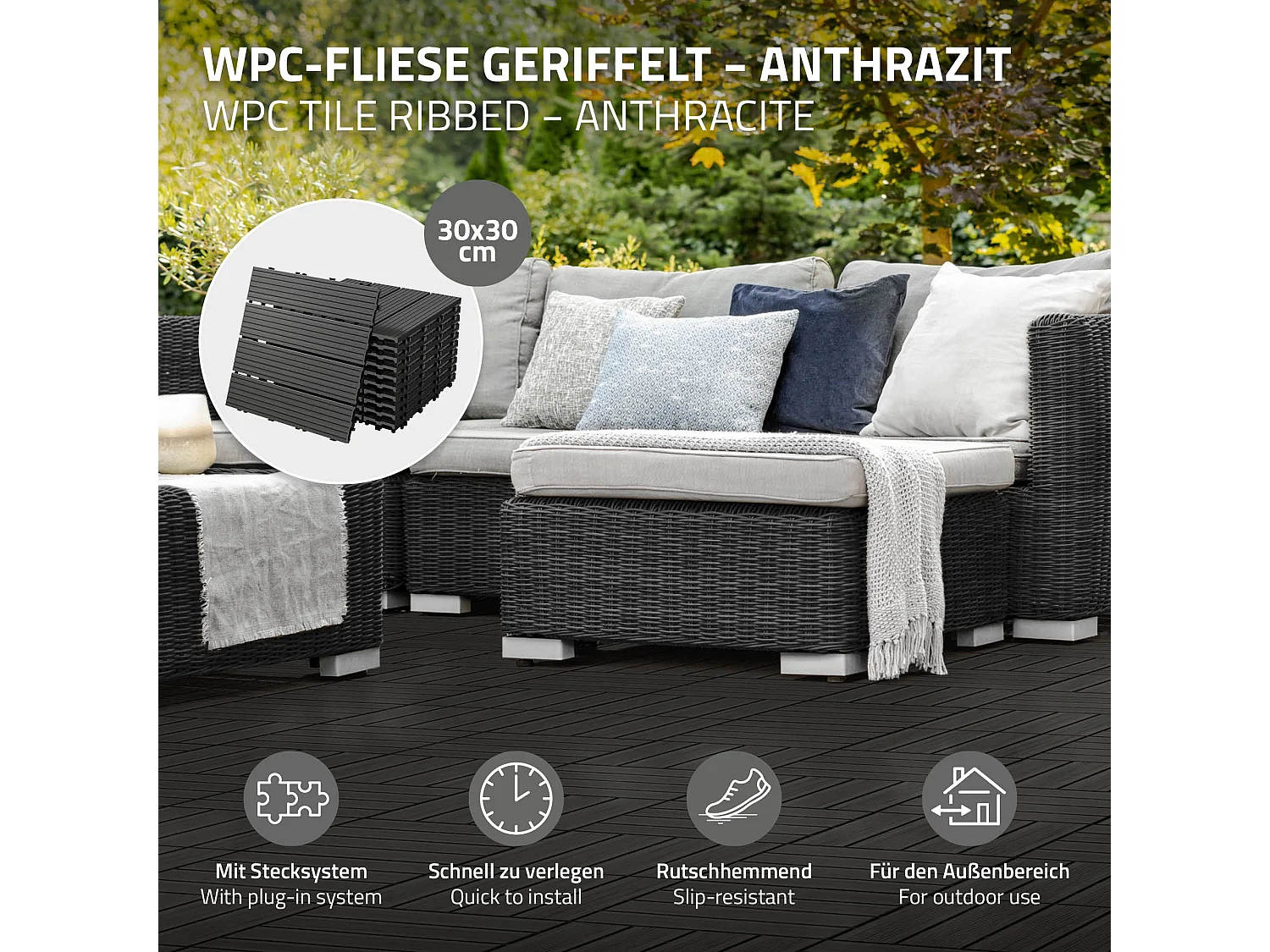 ECD Germany Lot de 44 Dalles de Terrase en WPC 30x30cm pour 4m² Anthracite