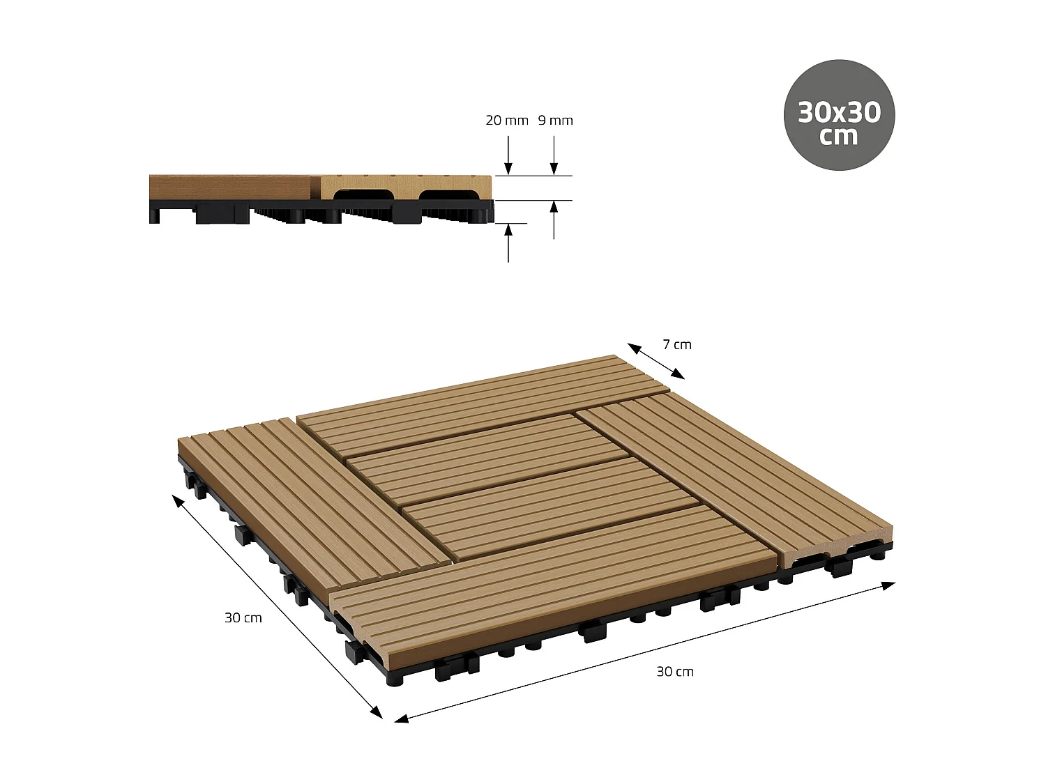 Set di 33 piastrelle per terrazza in WPC  30x30cm teak 3m²